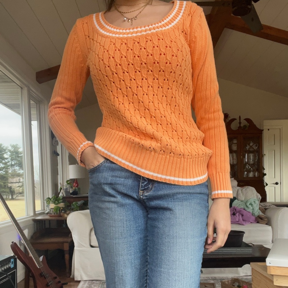 Old Navy Orange Pointelle Sweater Preppy Coastal Grandma Cotton Knit Medium - Picture 5 of 5